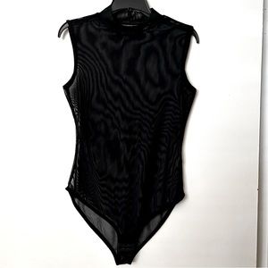 NWOT Madrag Black Mesh Sheer Mock Neck Sleeveless Bodysuit, Size M/L